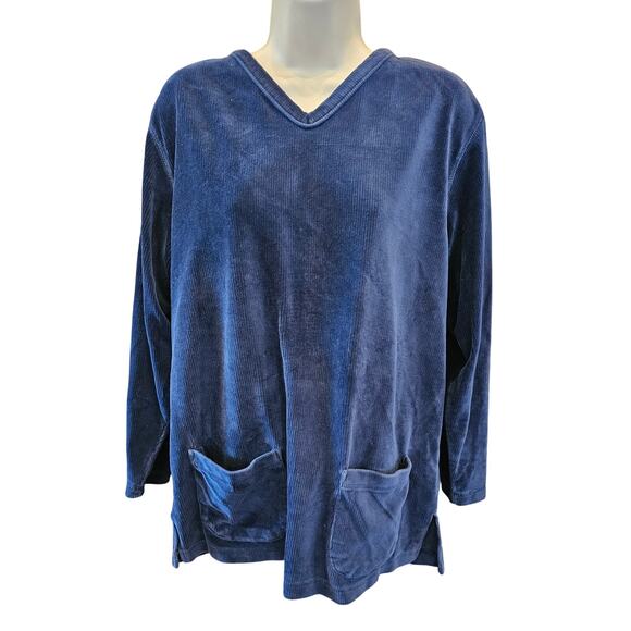 Vintage Jennifer Moore navy blue velour pocket lounge sweater comfy warm sz M + - Picture 1 of 6